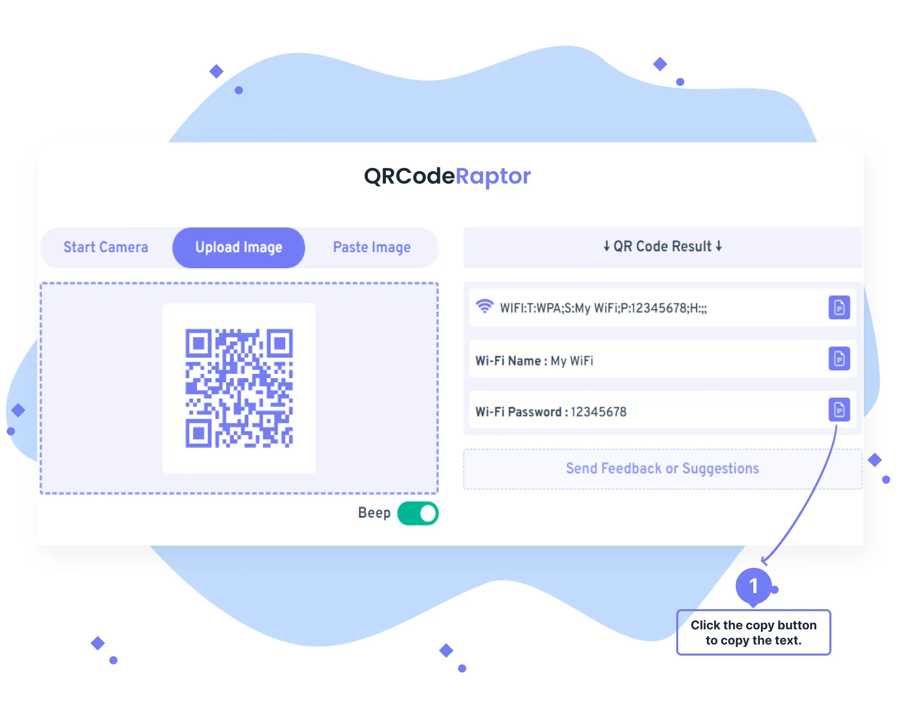 Instructions for copying the QR code decoded text