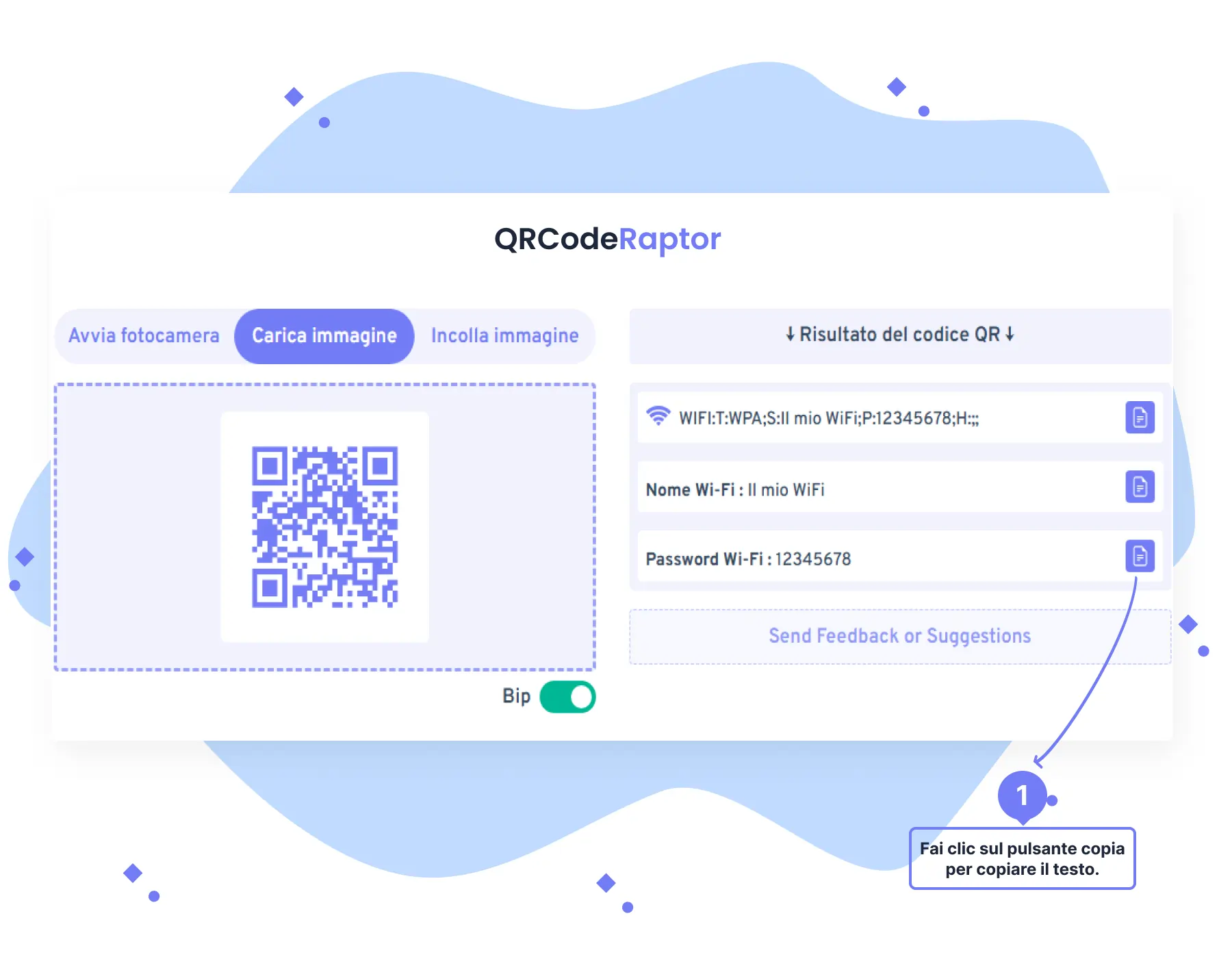 Istruzioni per copiare il testo decodificato del codice QR