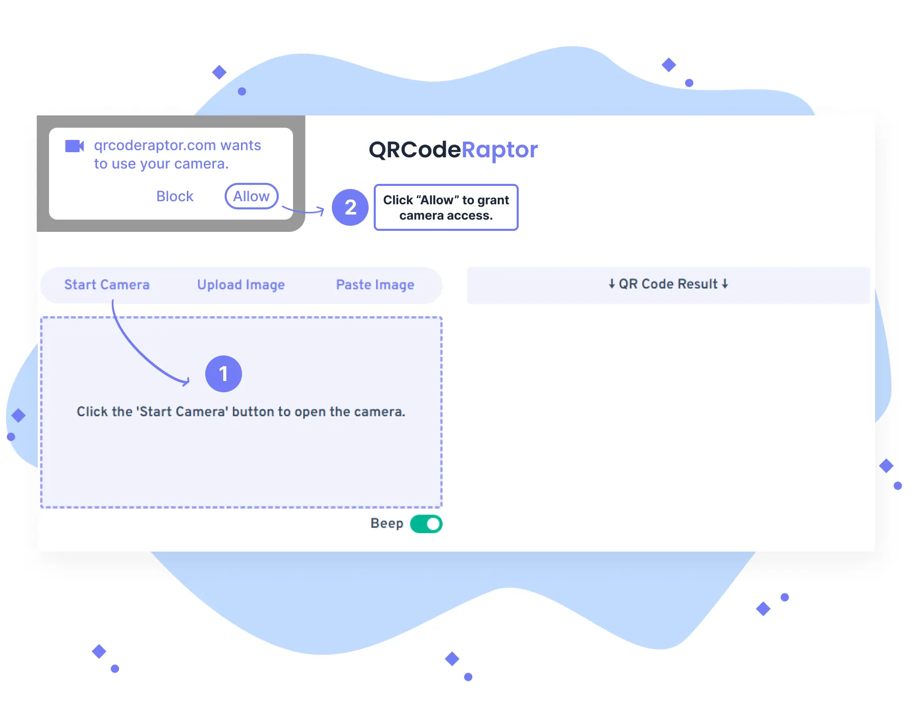 Instructions for scanning QR codes with the device camera