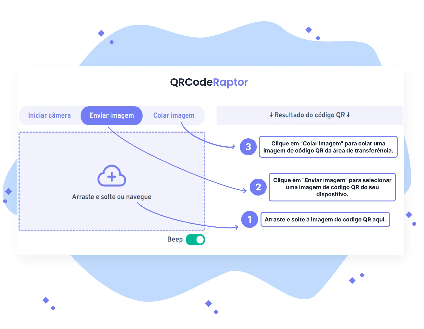 Instruções para escanear o código QR com uma imagem
